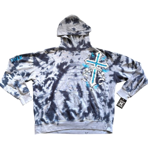 NWT Men’s Medium Xtreme Couture Foiled Graphics Hoodie With Crosses Tie-Dye - Picture 5 of 10